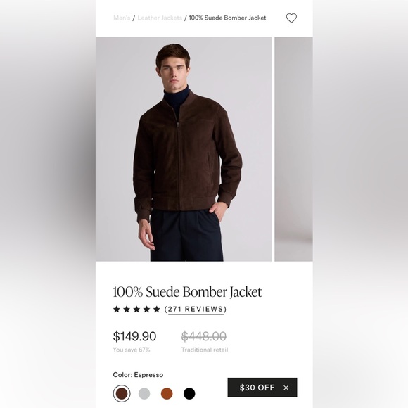 QUINCE Espresso 100% Top Grain Goat Suede Men’s Bomber Jacket NWT Size Large - Picture 11 of 13
